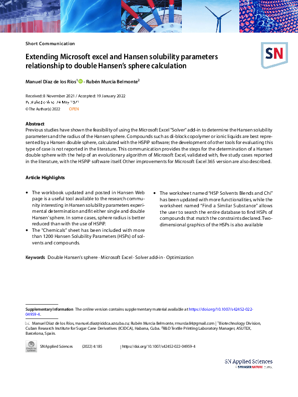 (PDF) Extending Microsoft excel and Hansen solubility parameters ...