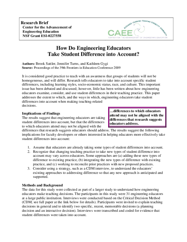 (PDF) How do engineering educators take student difference into account?