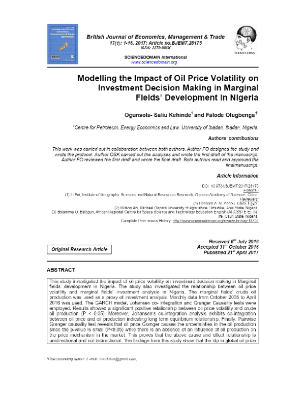 (PDF) Modelling the Impact of Oil Price Volatility on Investment ...