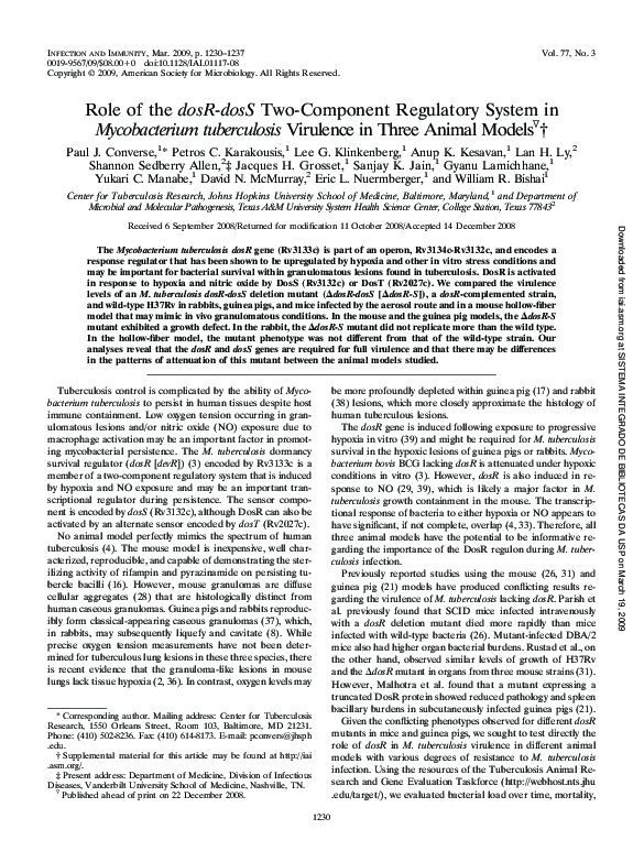 (PDF) Role of the dosR - dosS Two-Component Regulatory System in ...
