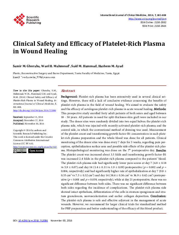 (PDF) Clinical Safety and Efficacy of Platelet-Rich Plasma in Wound Healing