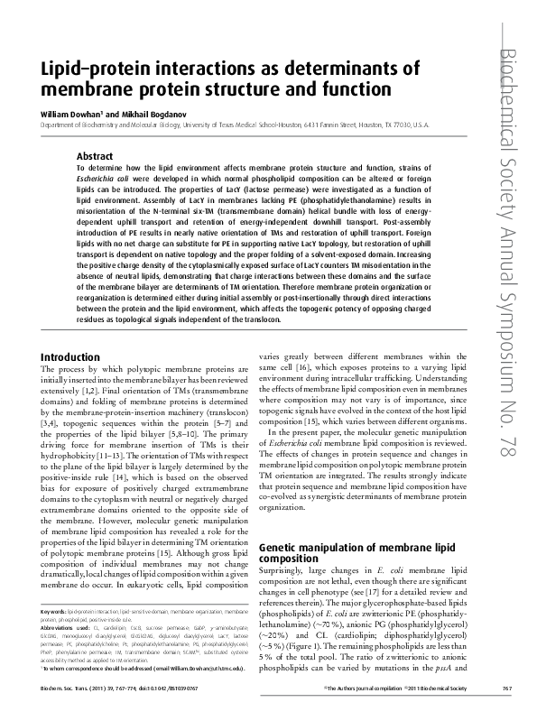 (PDF) Lipid–protein interactions as determinants of membrane protein ...