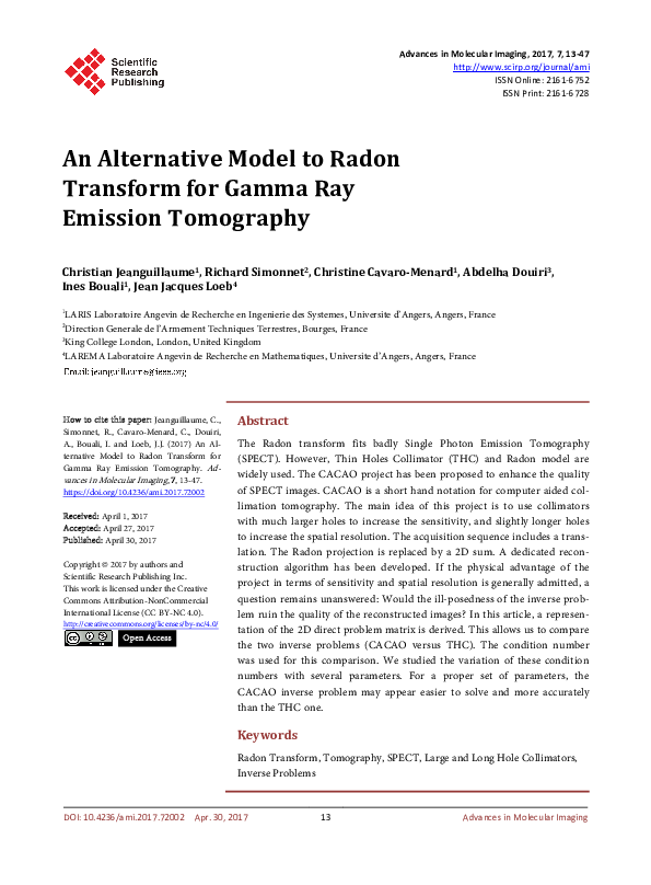 (PDF) An Alternative Model to Radon Transform for Gamma Ray Emission ...