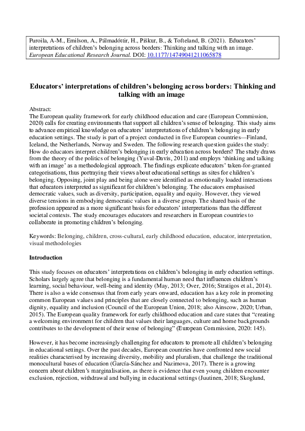 (PDF) Educators’ interpretations of children’s belonging across borders ...