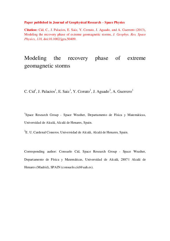 (PDF) Modeling the recovery phase of extreme geomagnetic storms