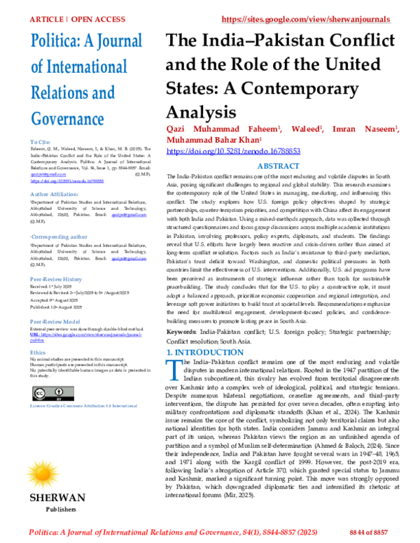 (PDF) The India–Pakistan Conflict and the Role of the United States: A ...