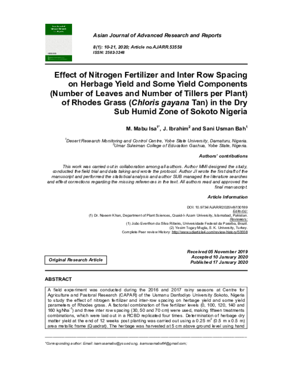 (PDF) Effect of Nitrogen Fertilizer and Inter Row Spacing on Herbage ...