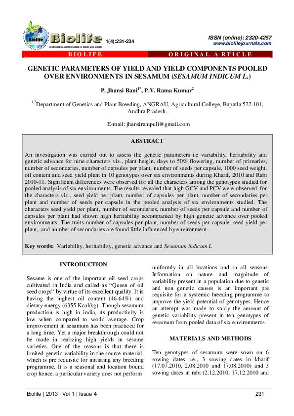 (PDF) Genetic Parameters of Yield and Yield Components Pooled Over ...