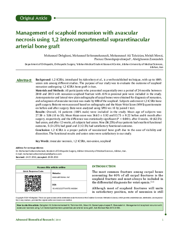 (PDF) Management of scaphoid nonunion with avascular necrosis using 1,2 ...