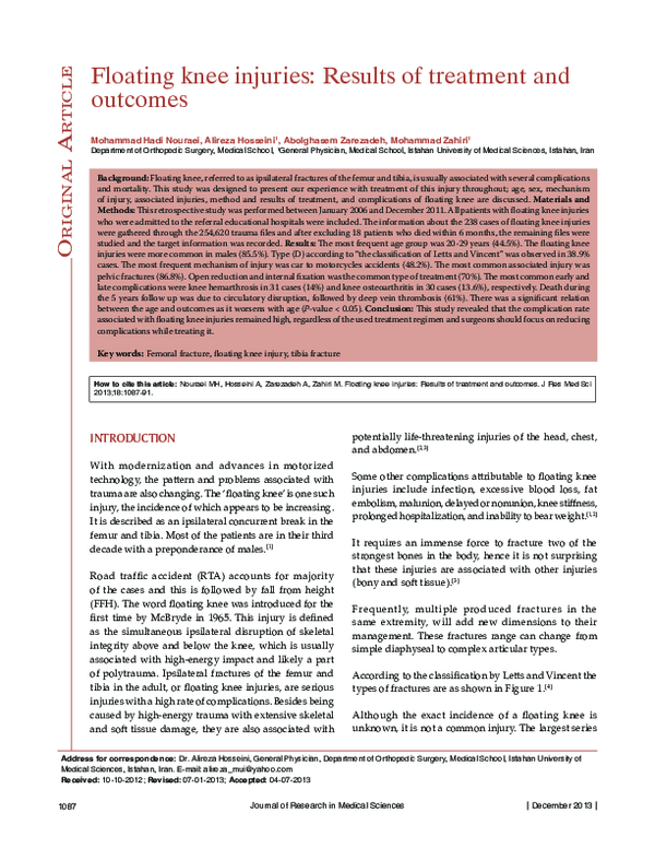 (PDF) Floating knee injuries: Results of treatment and outcomes