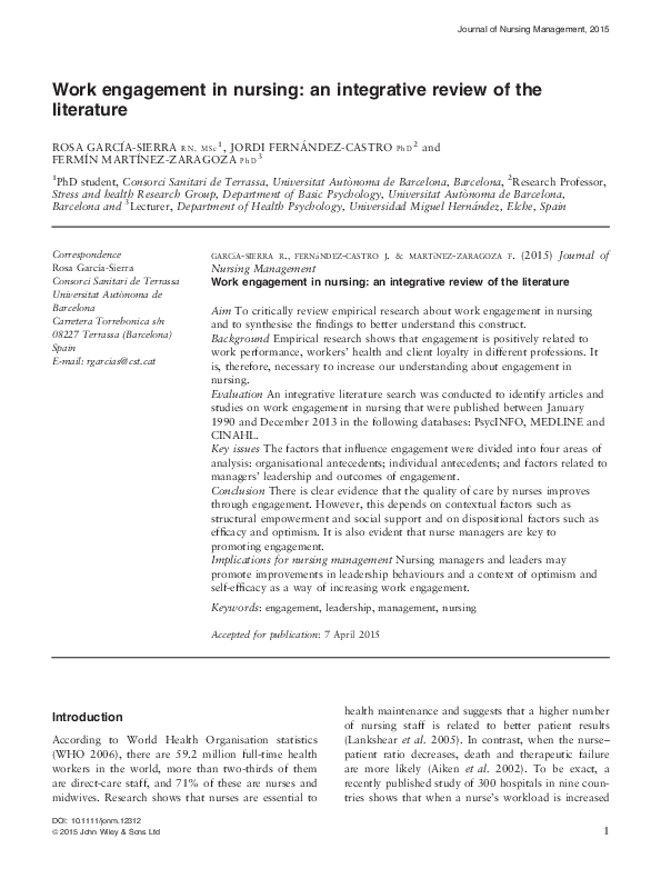 (PDF) Work engagement in nursing: an integrative review of the literature