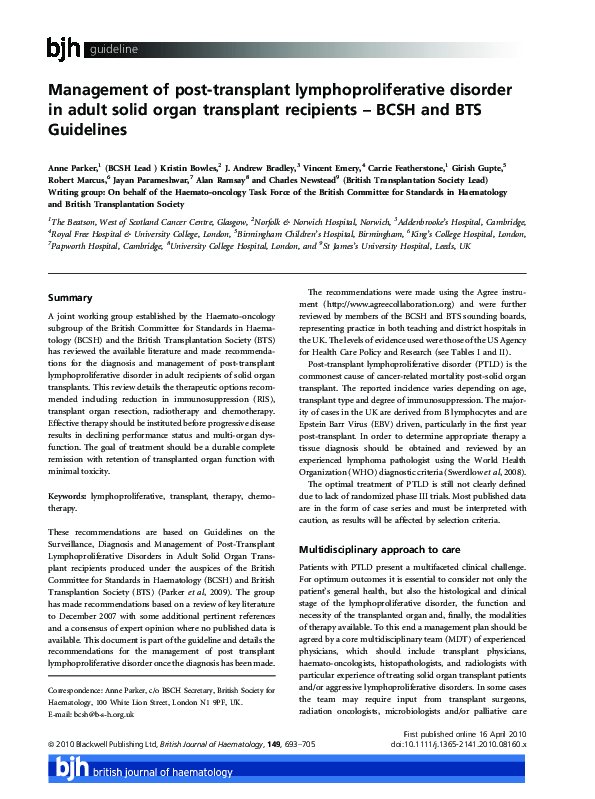 (PDF) Management of post-transplant lymphoproliferative disorder in ...