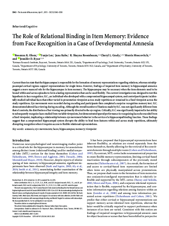 (PDF) The Role of Relational Binding in Item Memory: Evidence from Face ...