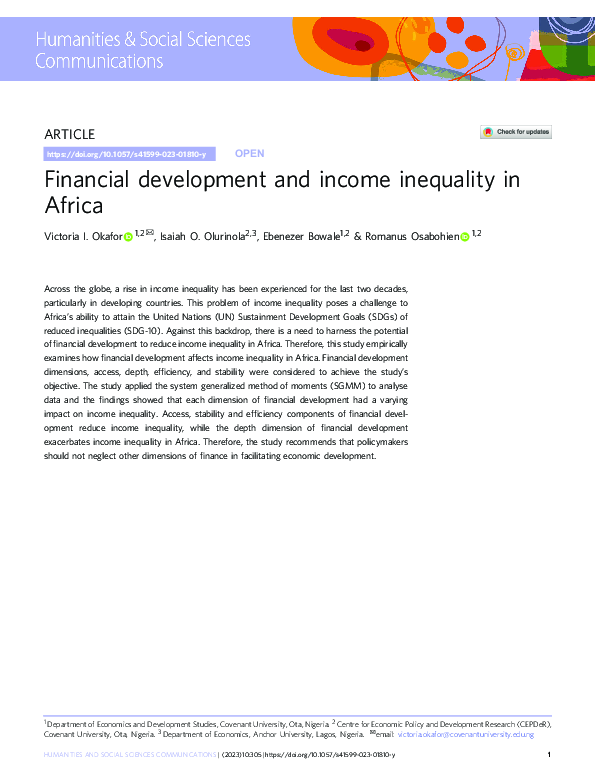 (PDF) Financial development and income inequality in Africa