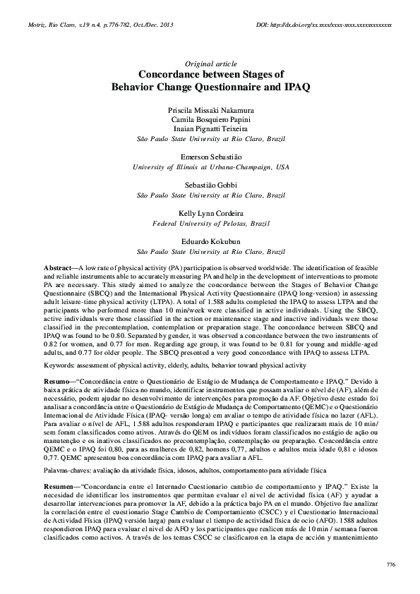 (PDF) Concordance between Stages of Behavior Change Questionnaire and IPAQ