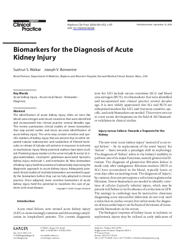(PDF) Biomarkers for the Diagnosis of Acute Kidney Injury
