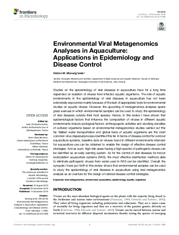 (PDF) Environmental Viral Metagenomics Analyses in Aquaculture ...