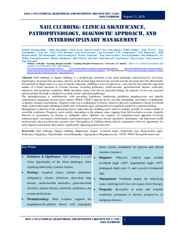 (PDF) Nail Clubbing: Clinical Significance, Pathophysiology, Diagnostic ...
