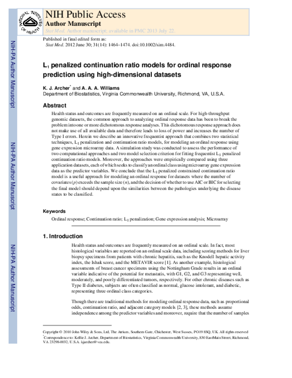 (PDF) L 1 penalized continuation ratio models for ordinal response ...
