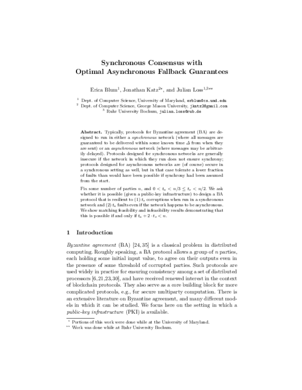 (PDF) Synchronous Consensus with Optimal Asynchronous Fallback Guarantees