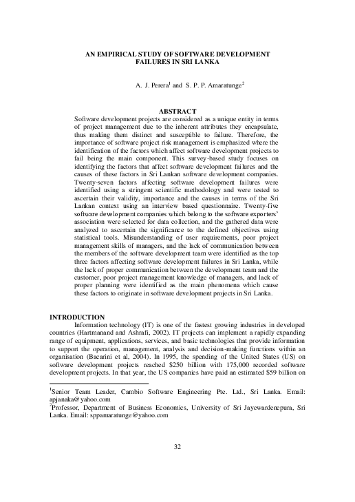 (PDF) An Empirical Study of Software Development Failures in Sri Lanka