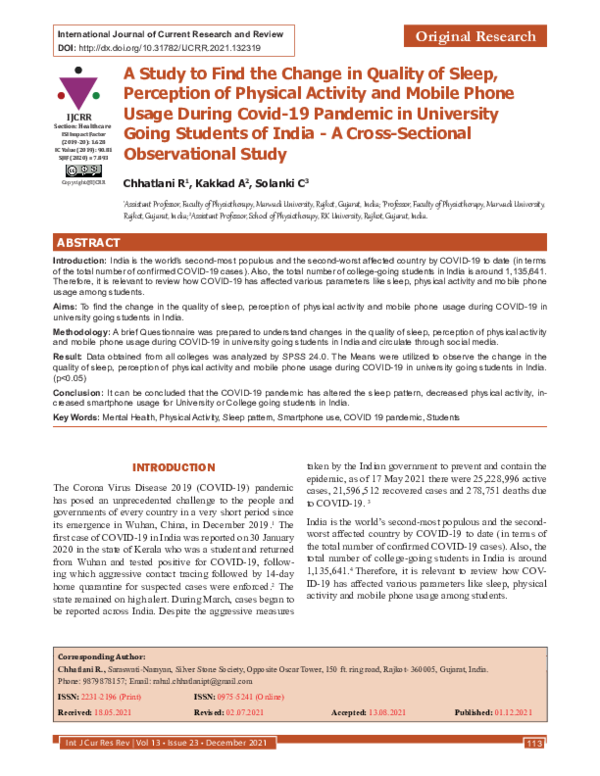 (PDF) A Study to Find the Change in Quality of Sleep, Perception of ...