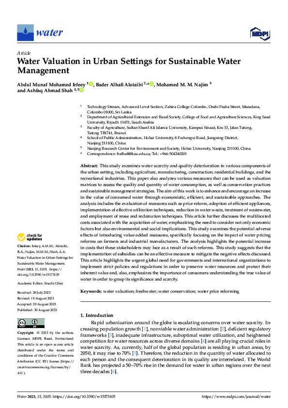 (PDF) Water Valuation in Urban Settings for Sustainable Water Management