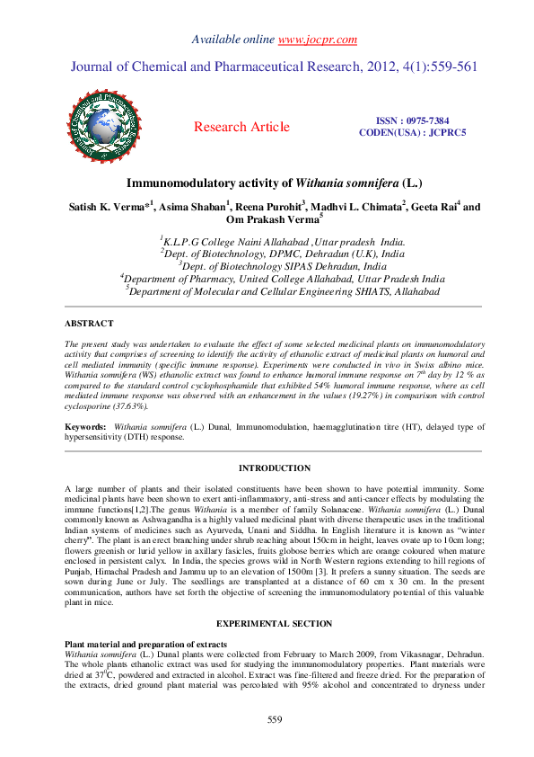 (PDF) Immunomodulatory activity of Withania somnifera (L.)
