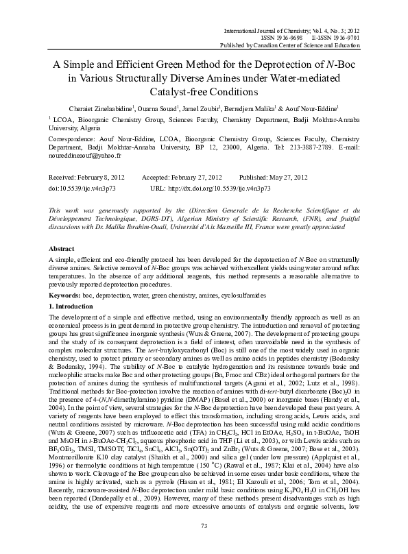 (PDF) A Simple and Efficient Green Method for the Deprotection of N-Boc ...