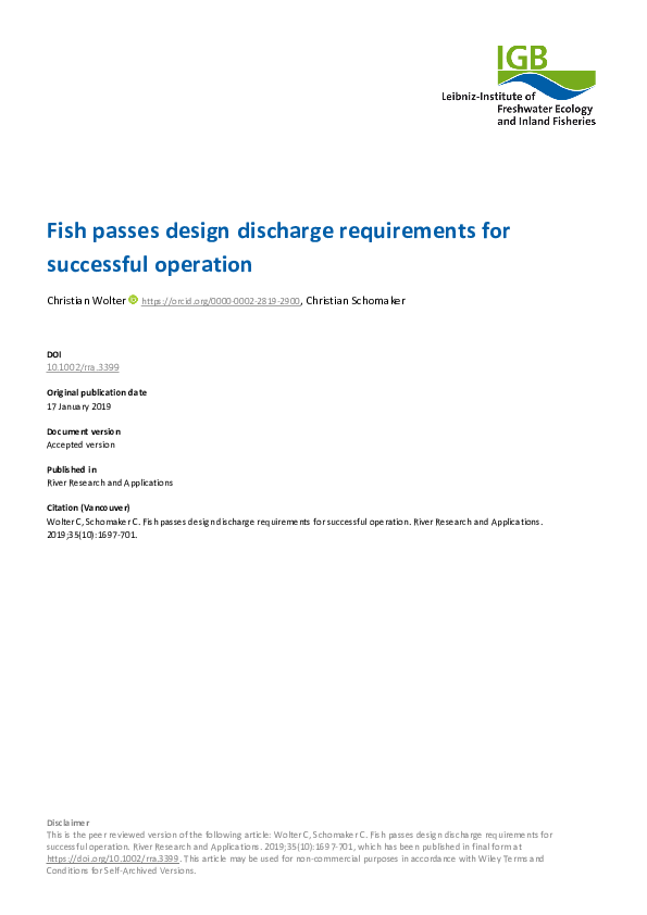 (PDF) Fish passes design discharge requirements for successful operation