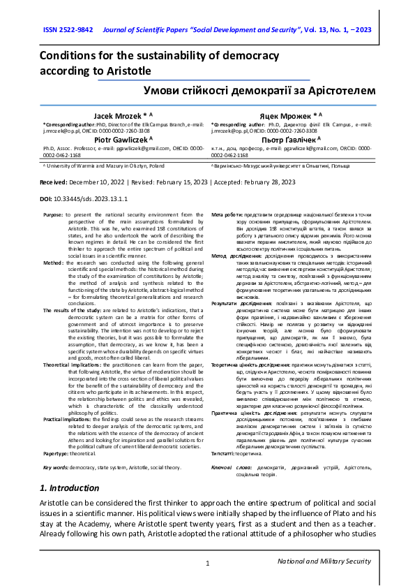 (PDF) Conditions for the sustainability of democracy according to Aristotle
