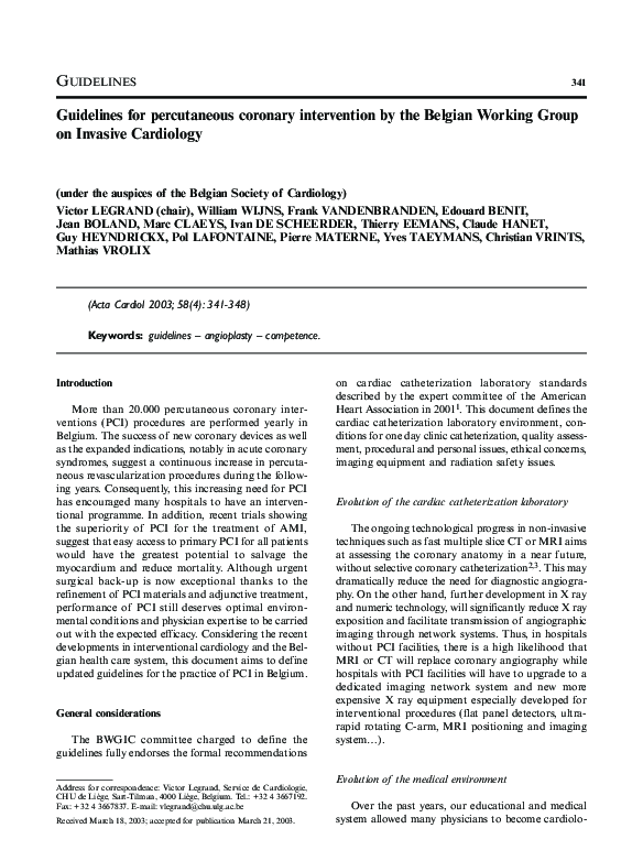 (PDF) Guidelines for percutaneous coronary intervention by the Belgian ...