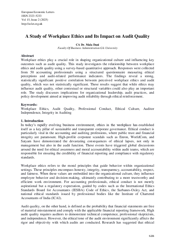 (PDF) A Study of Workplace Ethics and Its Impact on Audit Quality