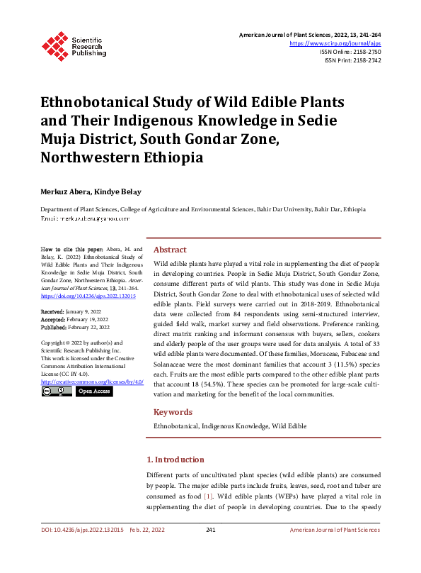 (PDF) Ethnobotanical Study of Wild Edible Plants and Their Indigenous ...