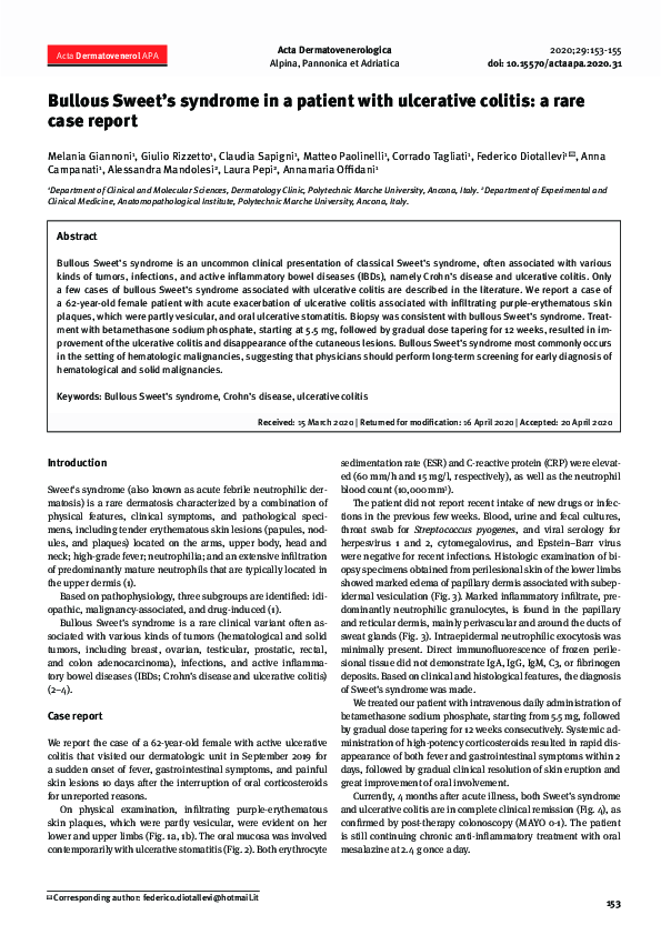 (PDF) Bullous Sweet's syndrome in a patient with ulcerative colitis: a ...
