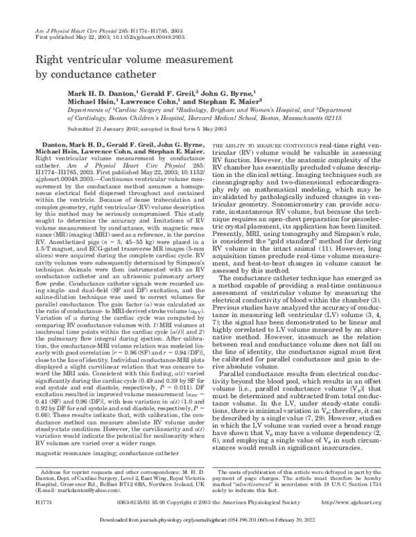 (PDF) Right ventricular volume measurement by conductance catheter