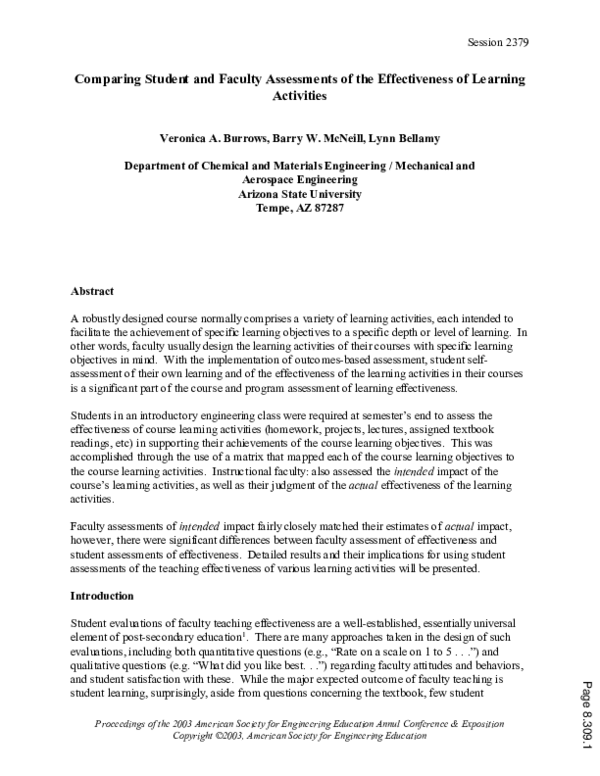 (PDF) Comparison Of Student And Faculty Assessments Of The ...