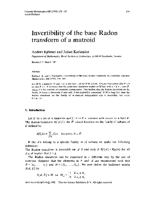 (PDF) Invertibility of the base Radon transform of a matroid