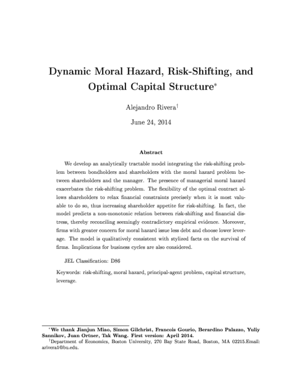 (PDF) Dynamic Moral Hazard, Risk-Shifting, and Optimal Capital Structure