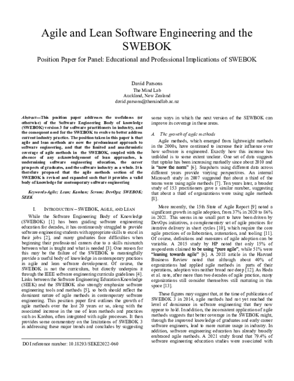 (PDF) Agile and Lean Software Engineering and the SWEBOK - Position ...