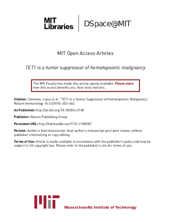 (PDF) TET1 is a tumor suppressor of hematopoietic malignancy