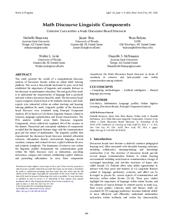 (PDF) Math Discourse Linguistic Components (Cohesive Cues within a Math ...