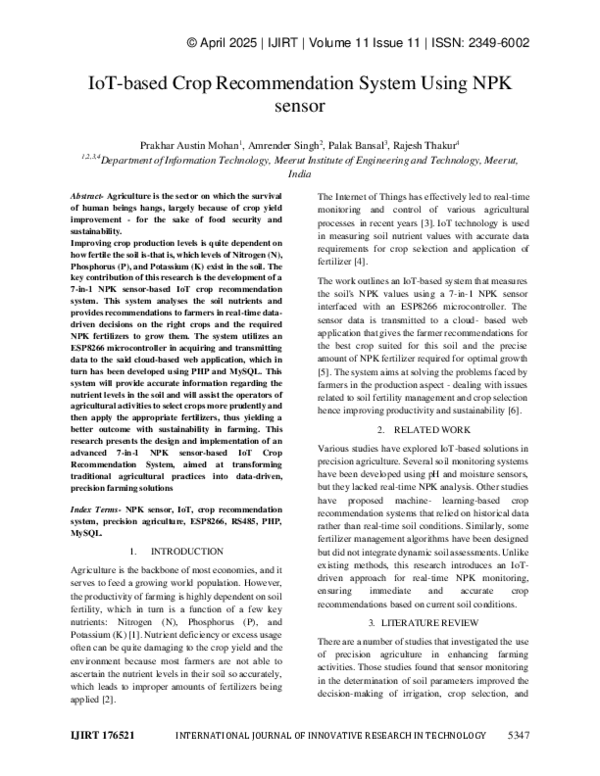 (PDF) IoT-based Crop Recommendation System Using NPK sensor
