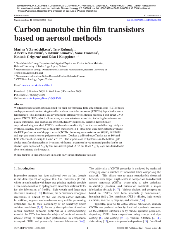 (PDF) Carbon nanotube thin film transistors based on aerosol methods