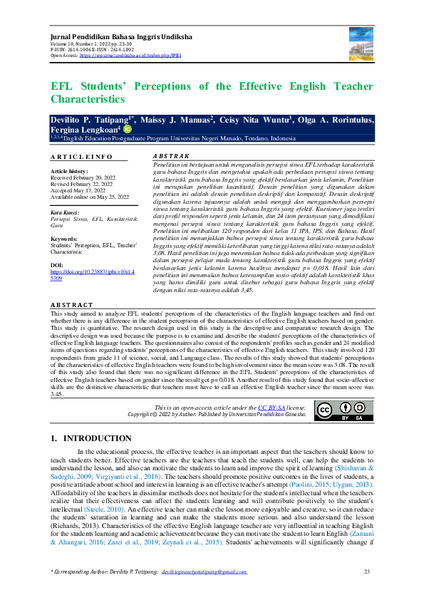 (PDF) EFL Students’ Perceptions of the Effective English Teacher ...