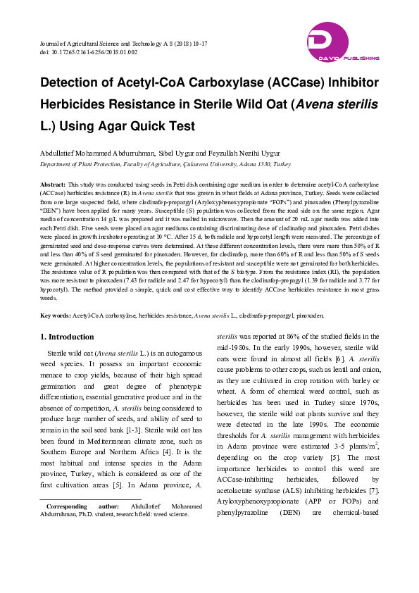 (PDF) Detection of Acetyl-CoA Carboxylase (ACCase) Inhibitor Herbicides ...