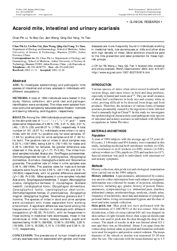 (PDF) Acaroid mite, intestinal and urinary acariasis