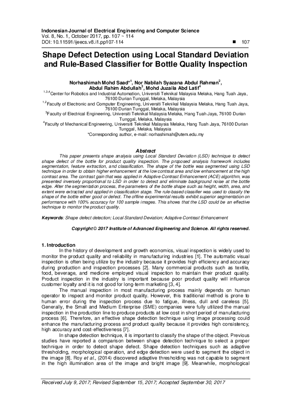 (PDF) Shape Defect Detection using Local Standard Deviation and Rule ...