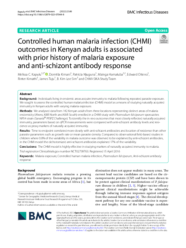 (PDF) Controlled human malaria infection (CHMI) outcomes in Kenyan ...