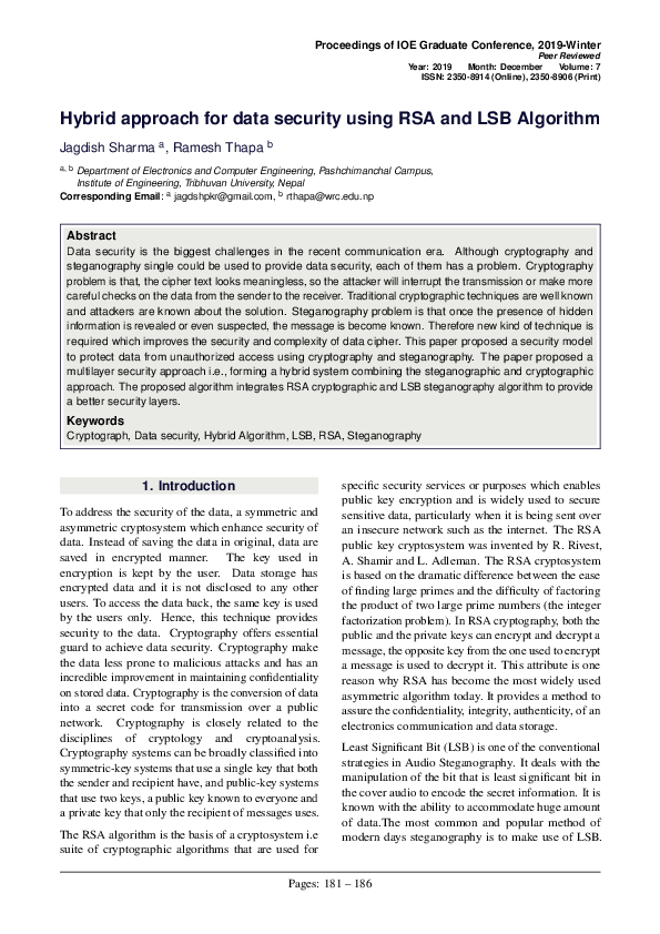 (PDF) Hybrid approach for data security using RSA and LSB Algorithm